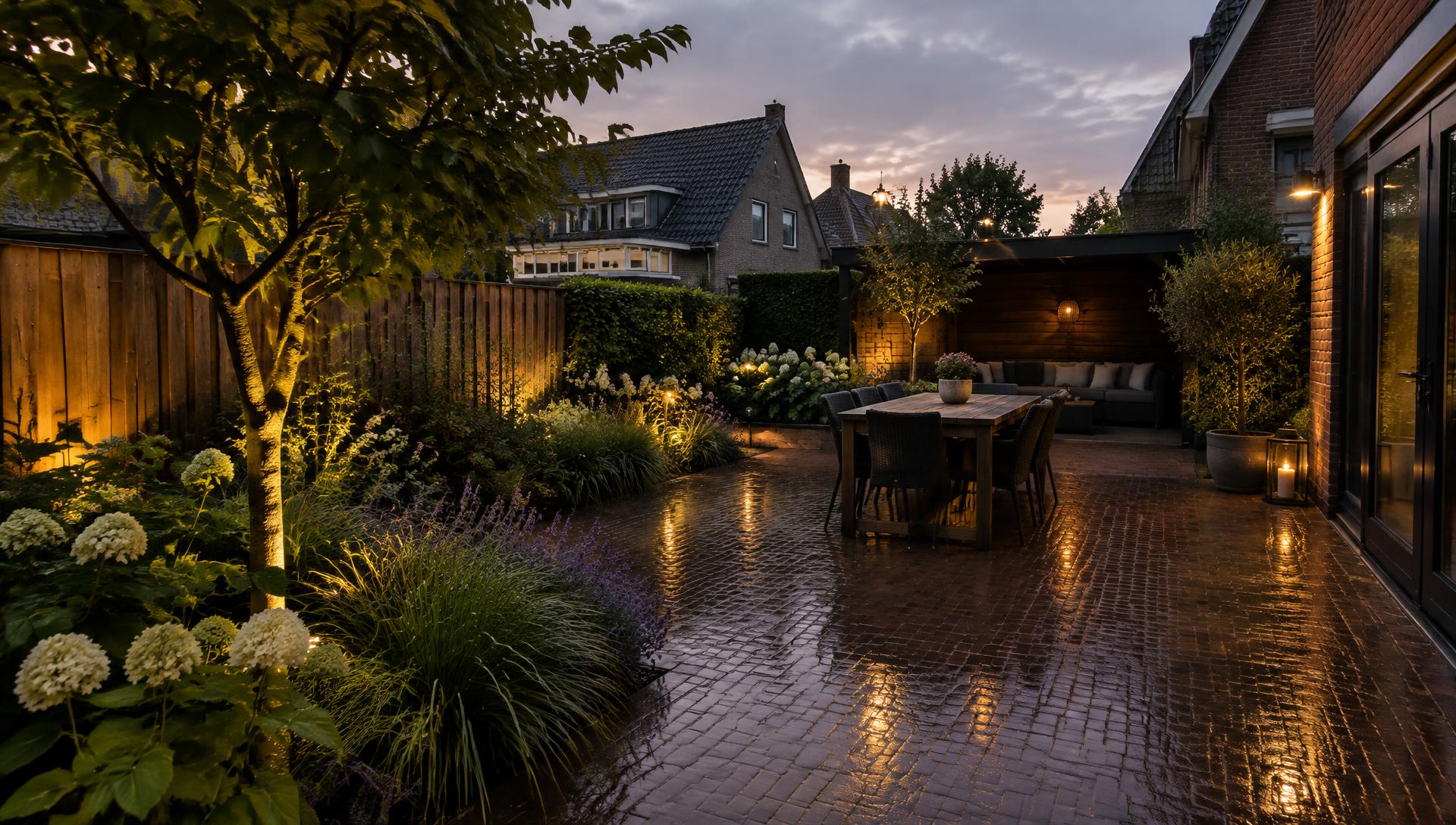 Aangelegd terras met natte klinkers en tuinverlichting in de schemering