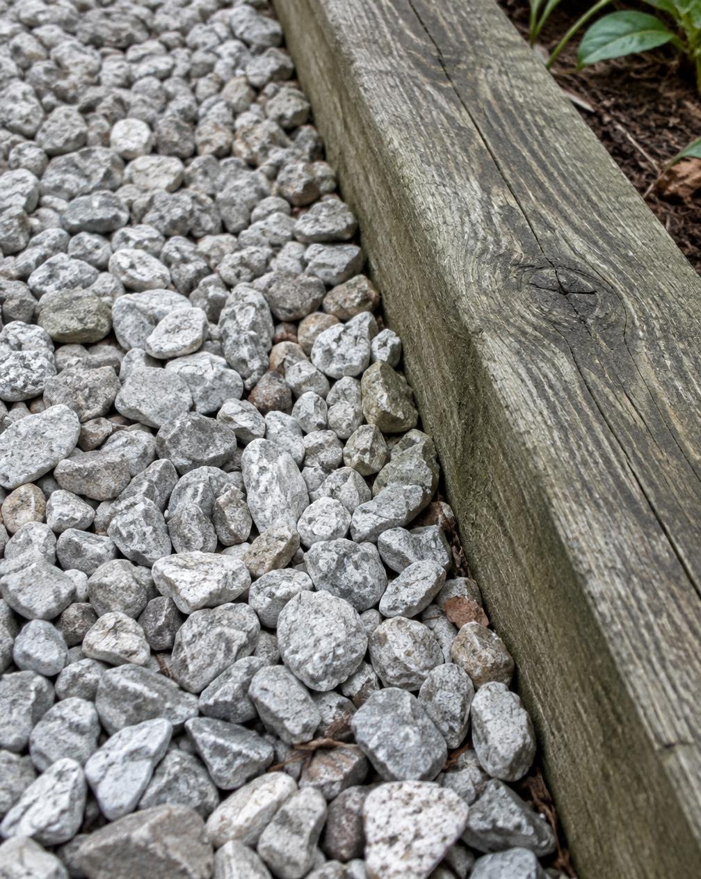 Grijs grind naast een houten kantopsluiting