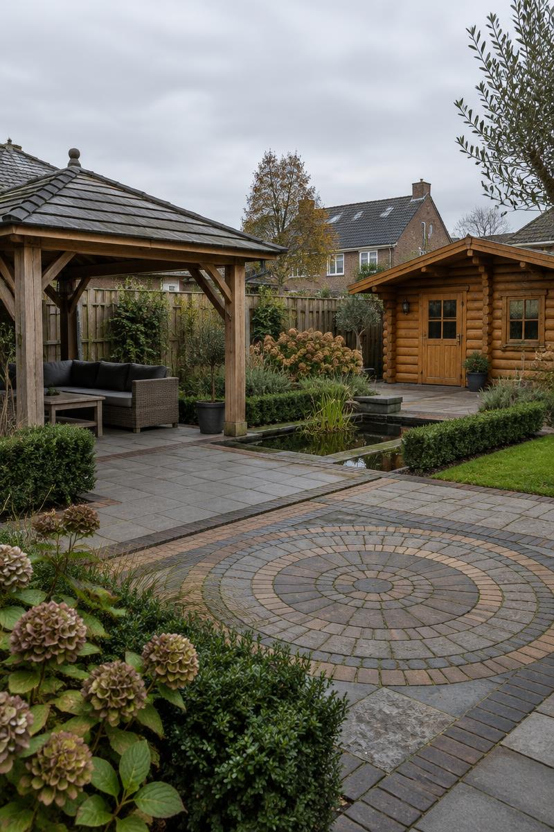 Sierbestrating met prieel en blokhut