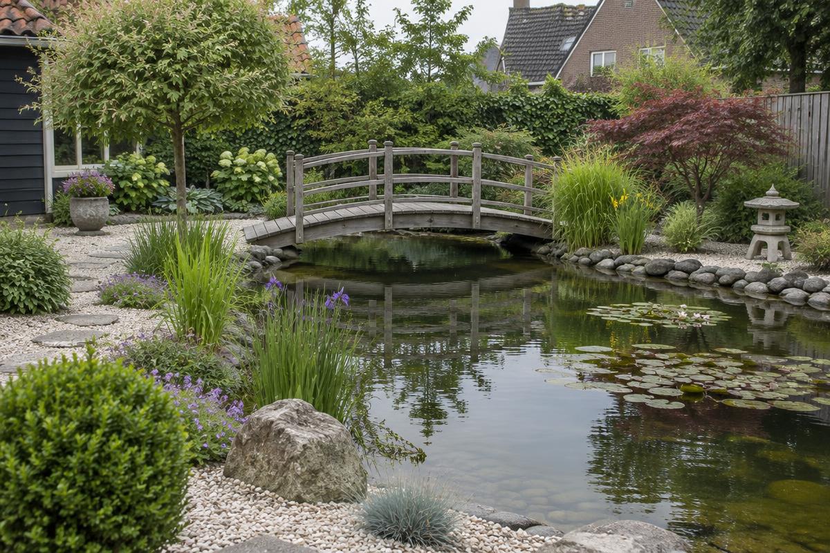 Vijver met bruggetje, siergrind en beplanting
