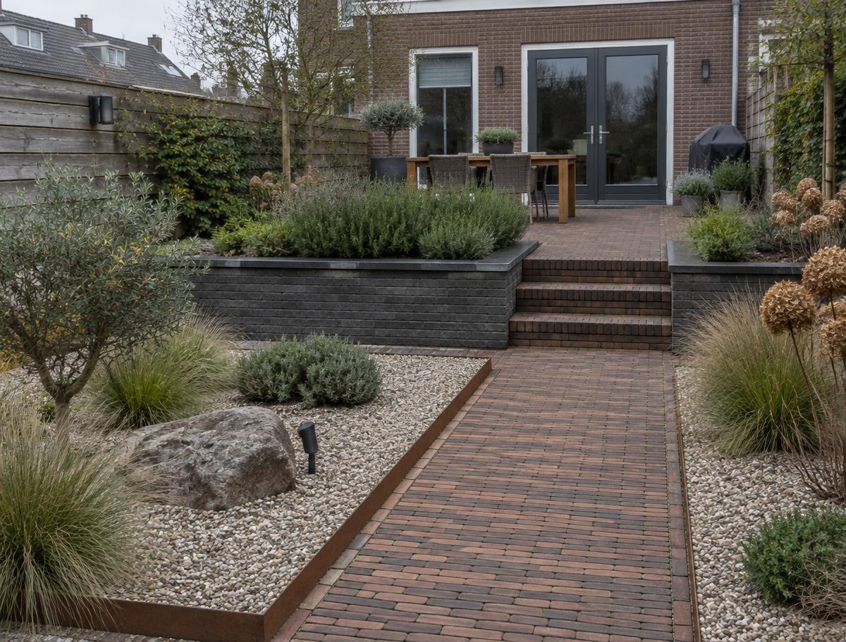 Verhoogd terras met klinkerpad en siergrind