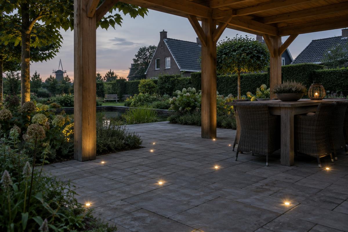 Bestrating met inbouwverlichting onder een prieel