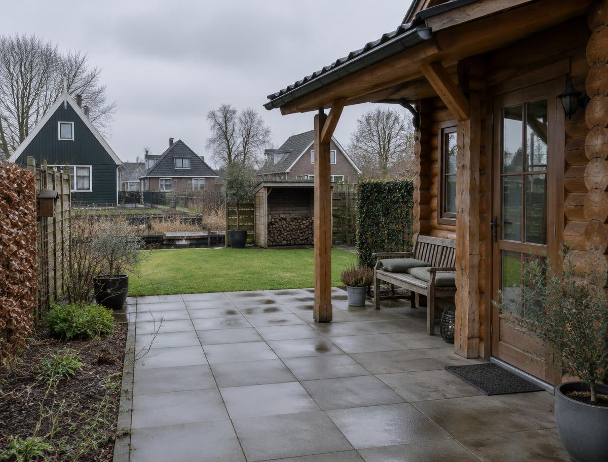 Terras naast een blokhut met overkapping