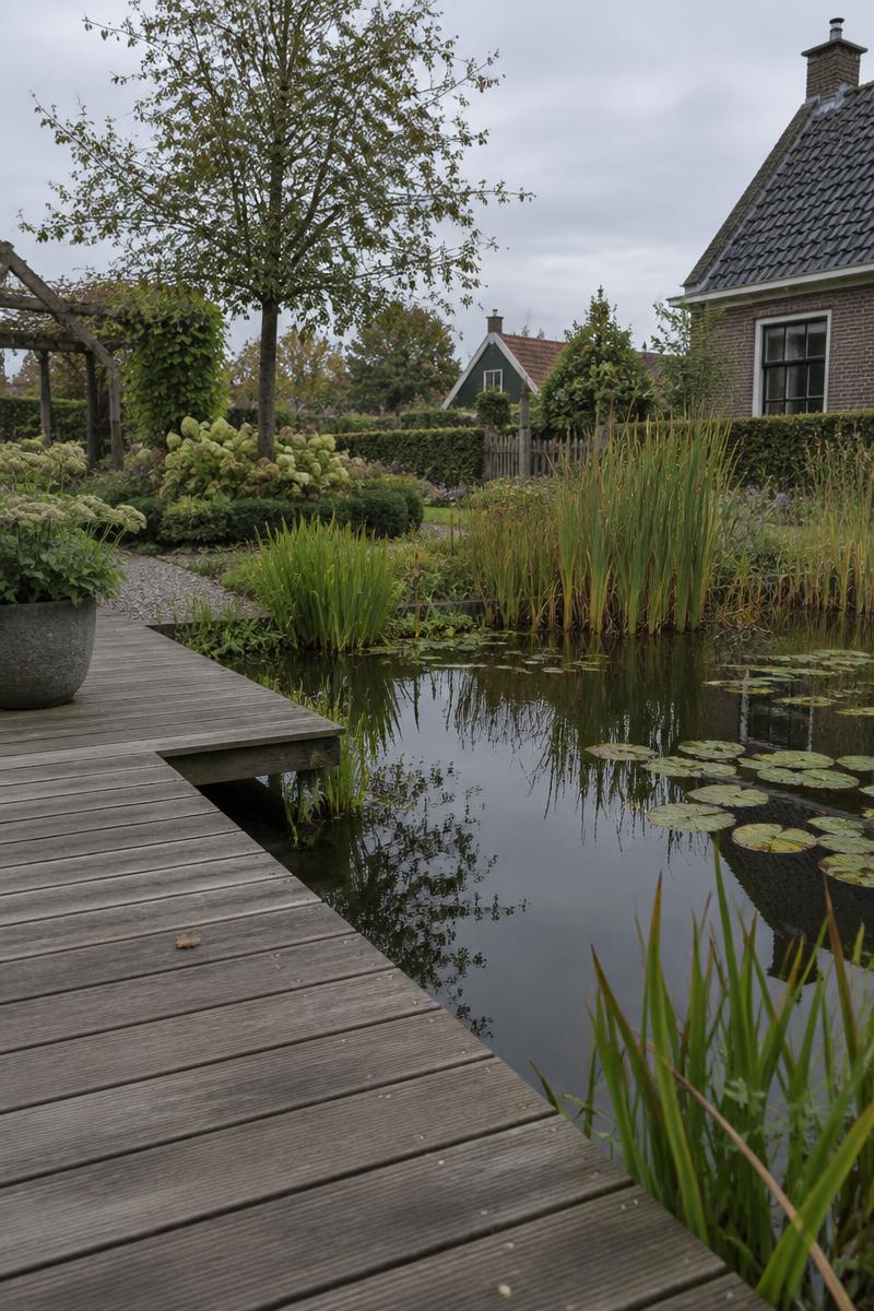 Houten vlonder langs een vijver