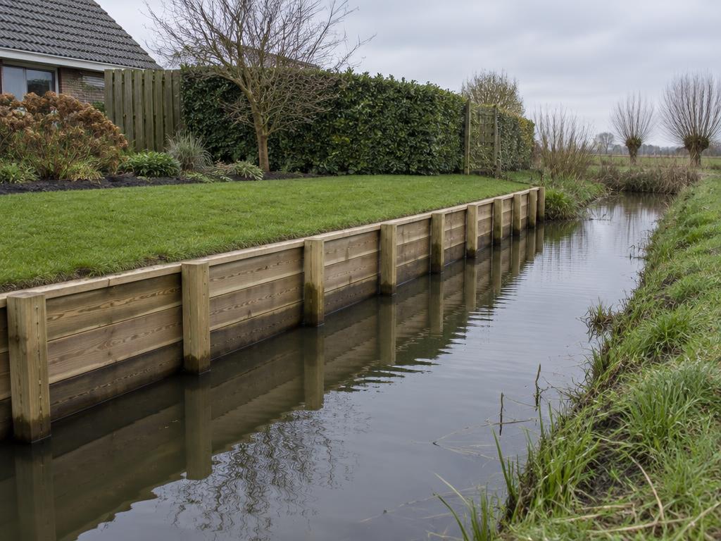 Nieuwe houten beschoeiing langs een sloot achter een tuin