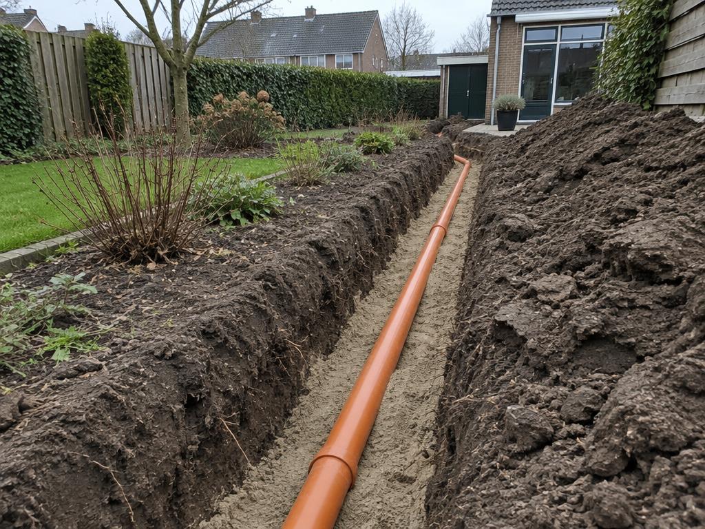 Uitgegraven sleuf met een oranje afvoerbuis in zand