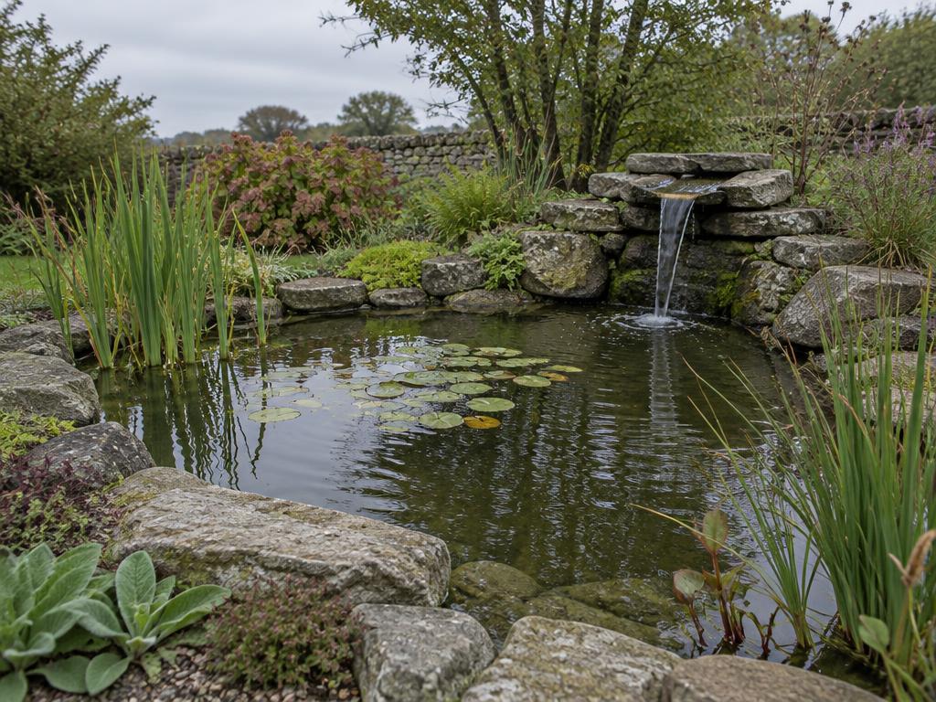 Vijver met natuurstenen rand en een kleine waterval