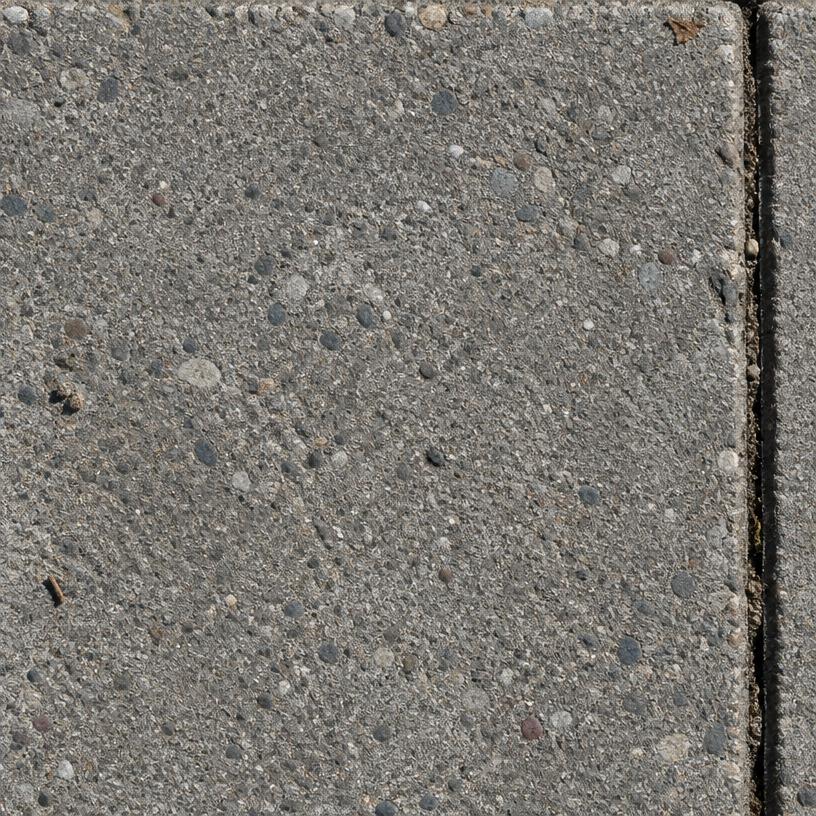 Close-up van een grijze betontegel met zichtbaar fijn grind en een voeg